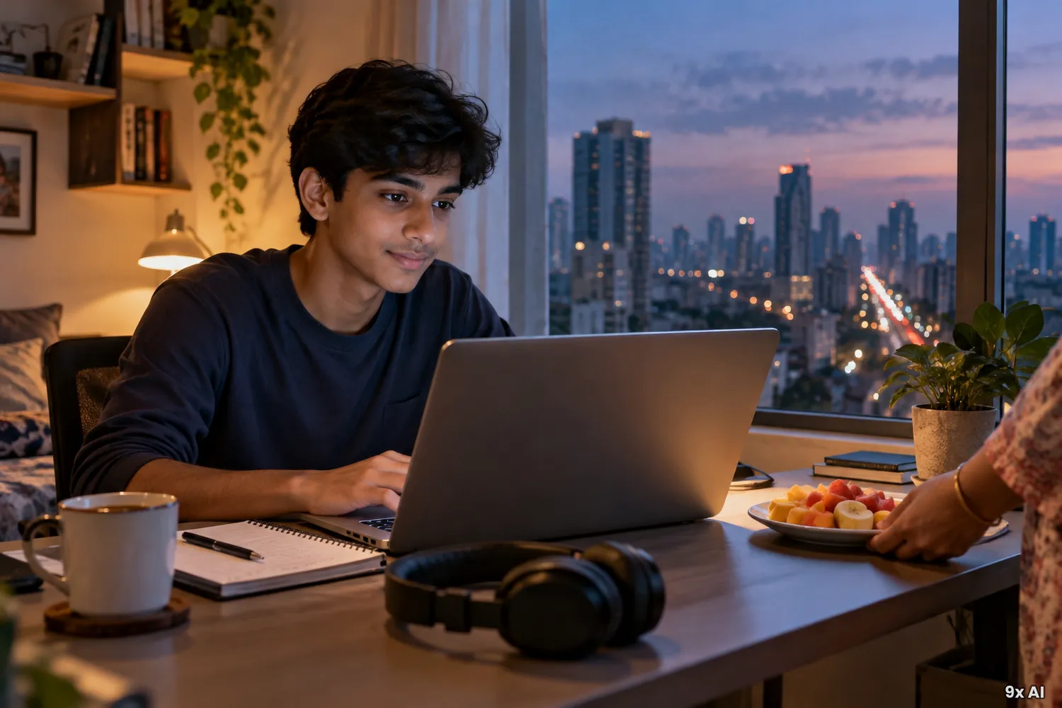 A teenage boy studying on a laptop in a city apartment at dusk
