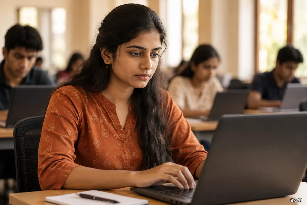 A student sitting a computer-based exam among other students