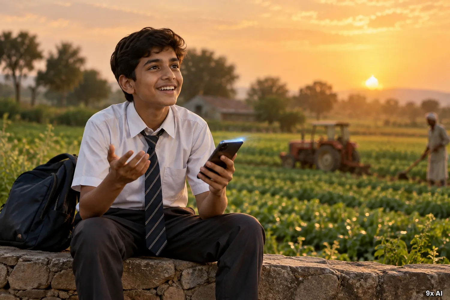 A student in school uniform asking a question on his phone while sitting at the edge of a farm field at sunset