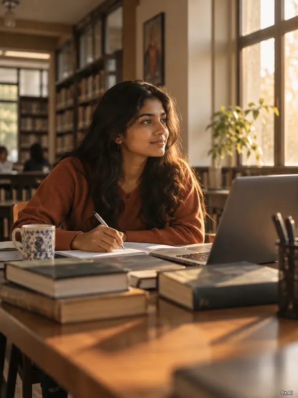 A young woman studying with books and a laptop in a library