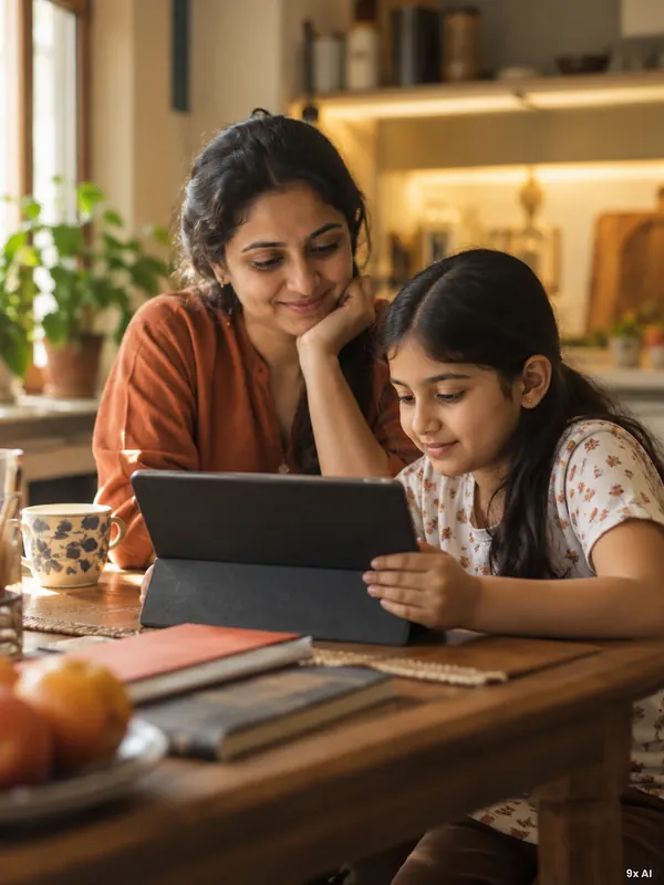 A parent and child looking at a tablet together