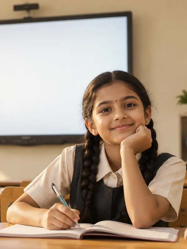 A smiling student in school uniform in a bright classroom