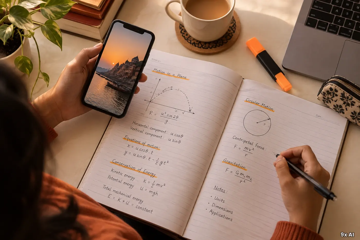 An open notebook of handwritten physics notes with a phone held above it