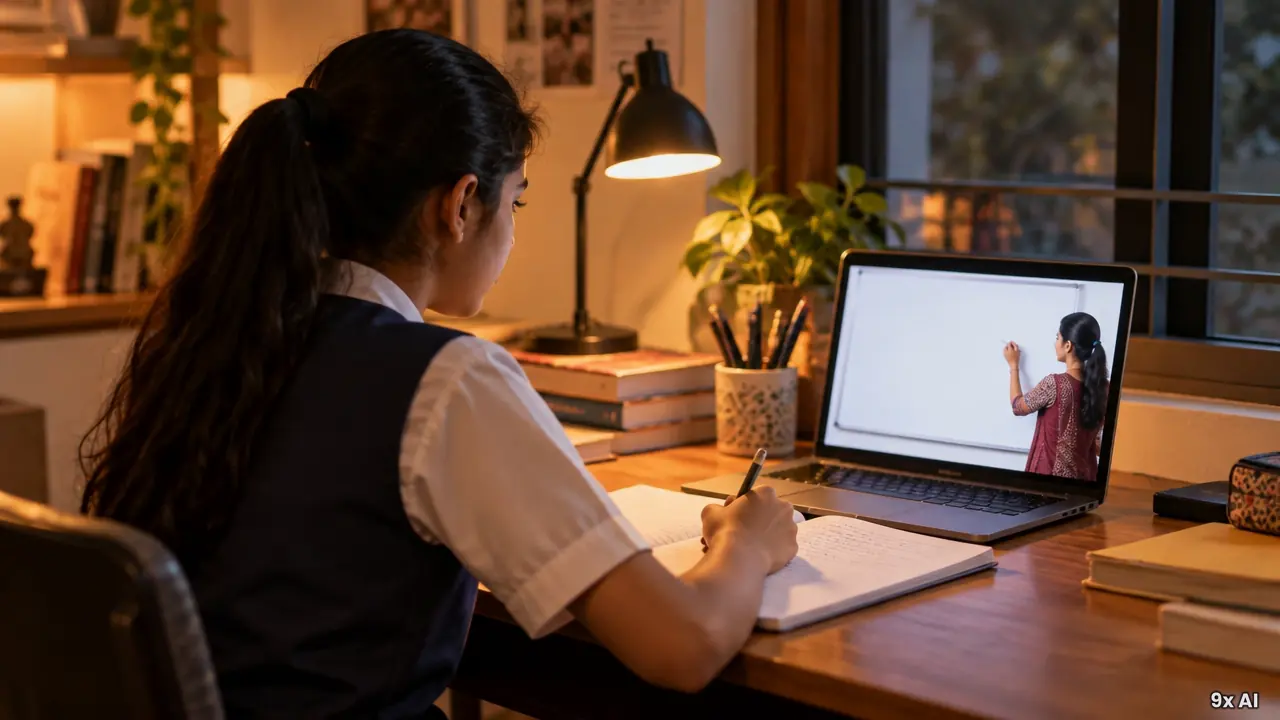 A student in school uniform watching an AI teacher at a whiteboard on a laptop