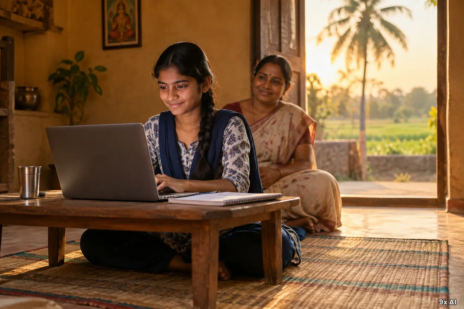 A teenage girl studying on a laptop at home in a village, with her mother sitting nearby